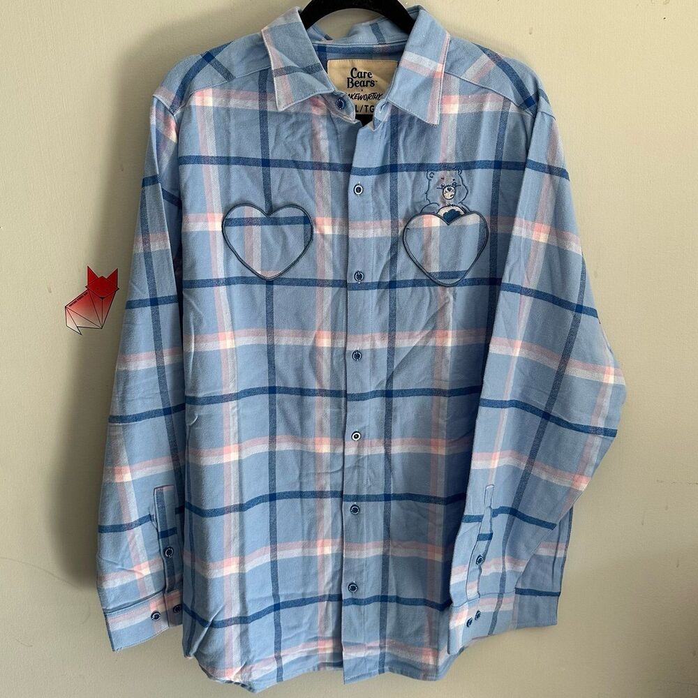 Care Bears x Cakeworthy Grumpy Bear Blue Plaid Flannel Button-Down Shirt XL NWT